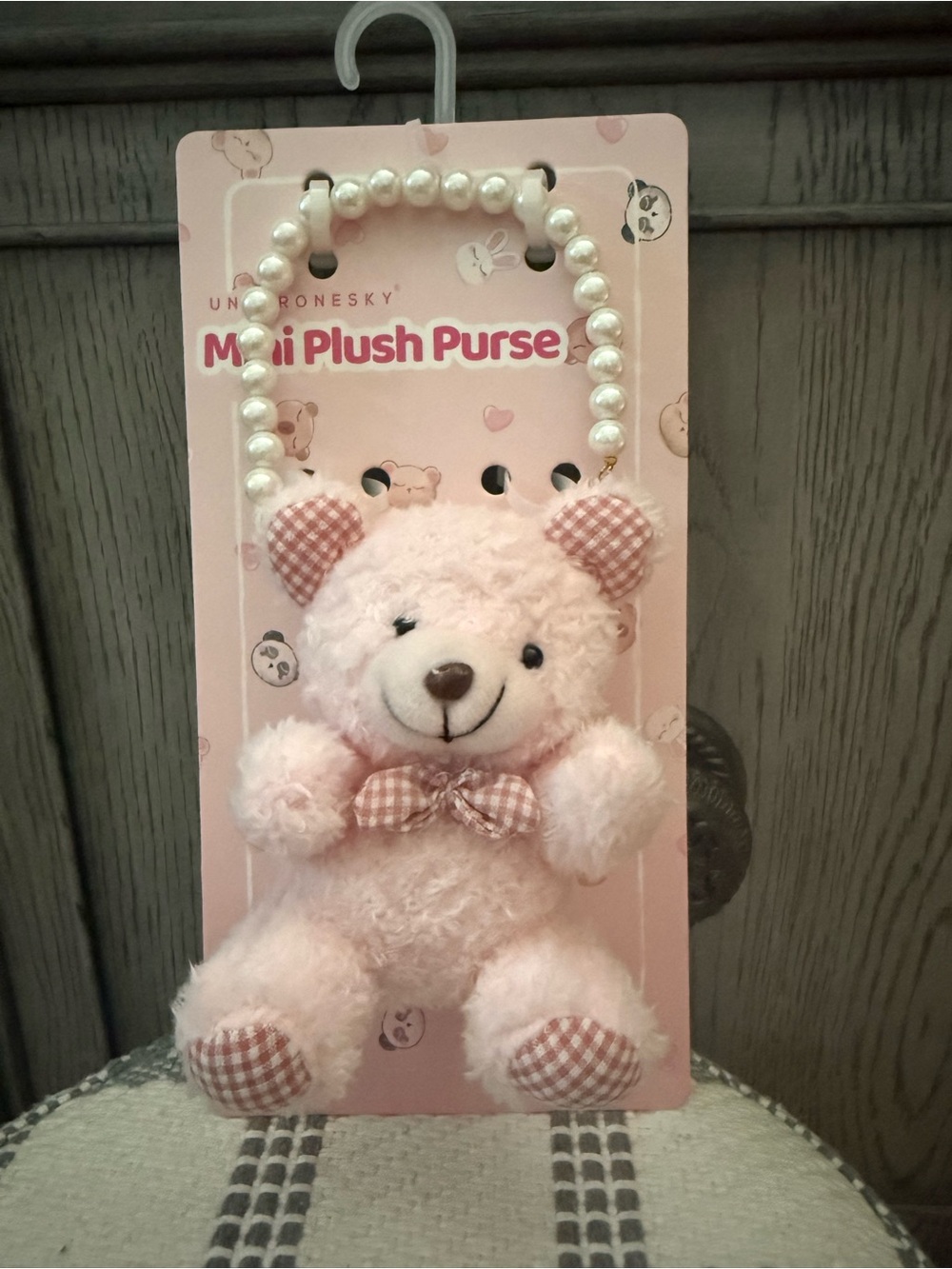Under One Sky Pink Plush Bear Mini Purse with Pearl Bead Handle